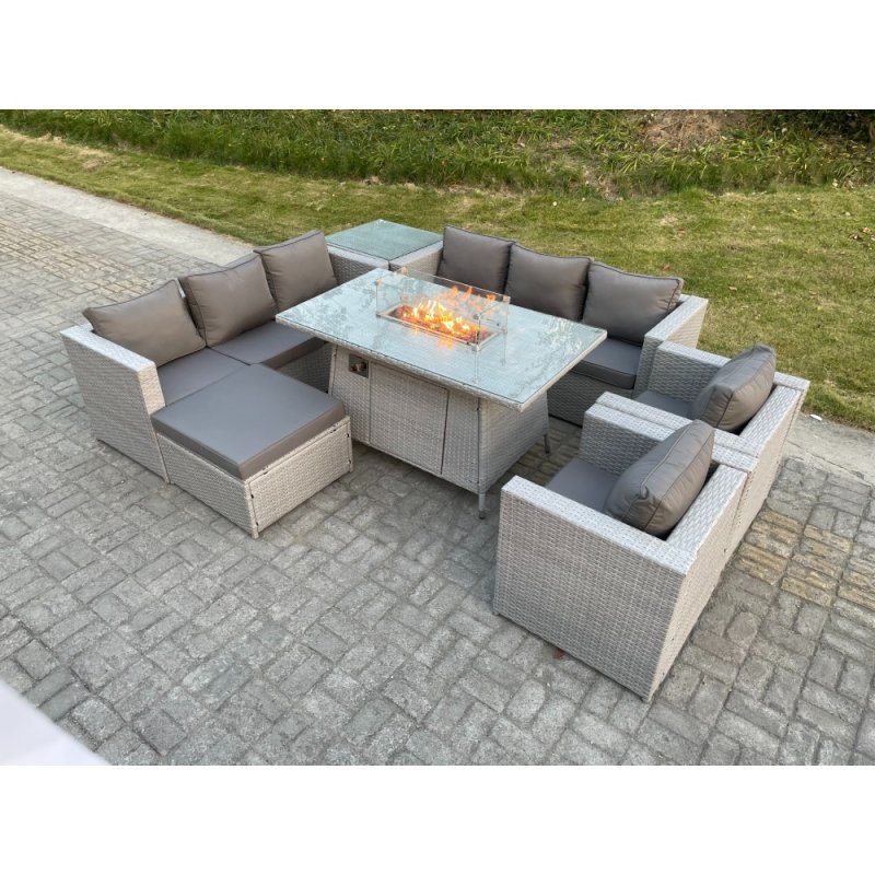 Fimous Light Grey Rattan Fire Pit Garden Furniture Set Gas Heater Burner Lounge Sofa Dining Set Coffee Table Chairs Footstool