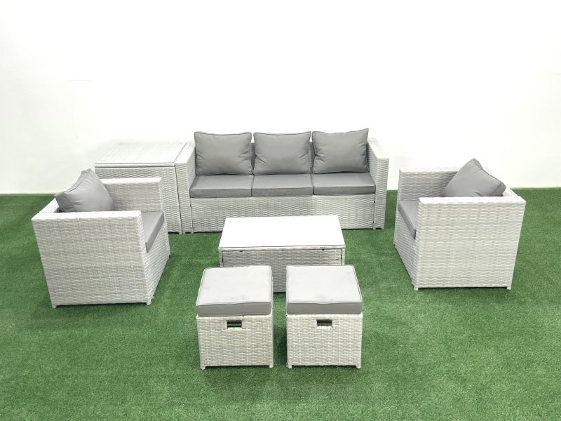 Fimous 7 Seater Rattan Garden Furniture Set with 3 Seater Sofa 2 Chair Rectangular Coffee Table 2 Small Footstools Side Table Light Grey Mixed