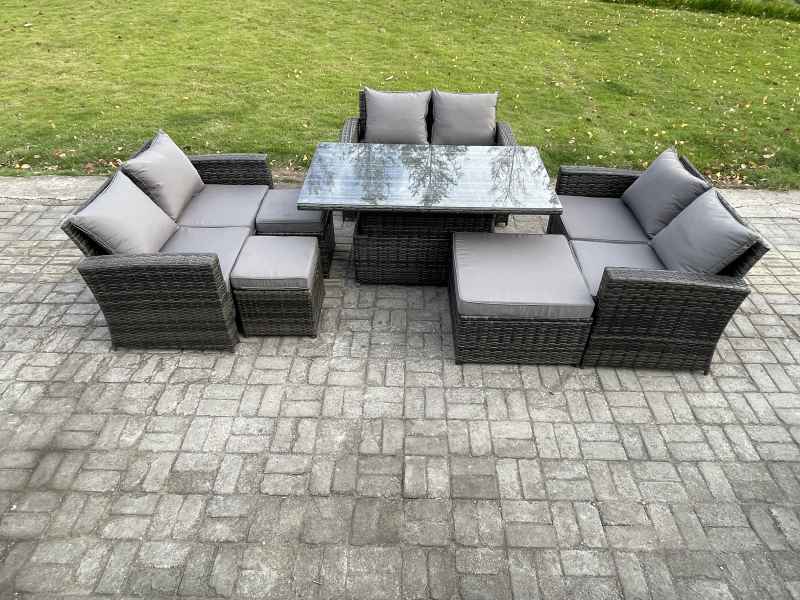 Fimous Wicker PE Rattan Garden Furniture Set Height Adjustable Rising Lifting Table Sofa Dining Set with Double Seat Sofa 3 Footstools Dark Grey Mixed