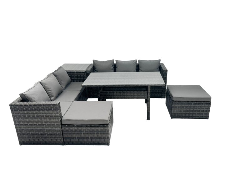 Fimous Outdoor Dining Table Sofa Set with Side Table Big Footstool Garden Furniture Set Dark Grey Mixed