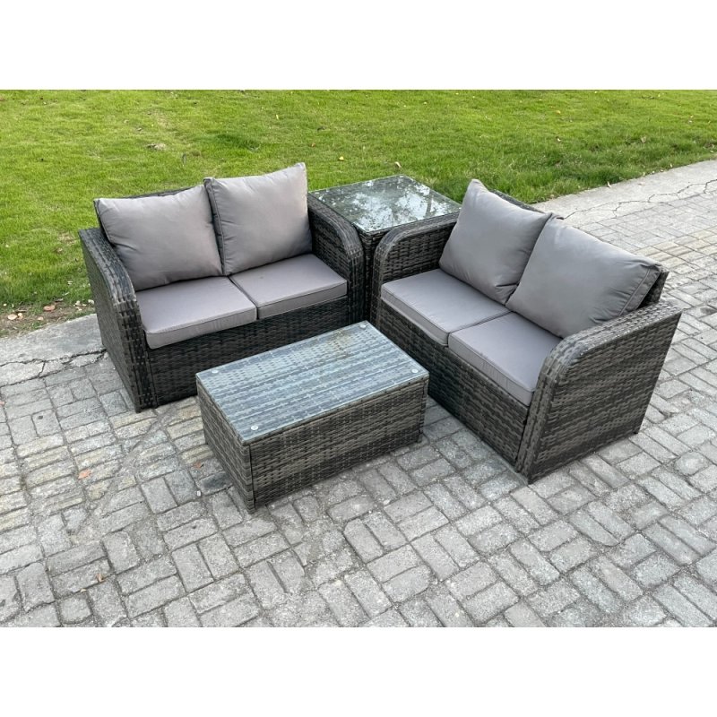 Fimous Outdoor Lounge Sofa Set Rattan Garden Furniture Set with Rectangular Coffee Table Side Table Dark Grey Mixed