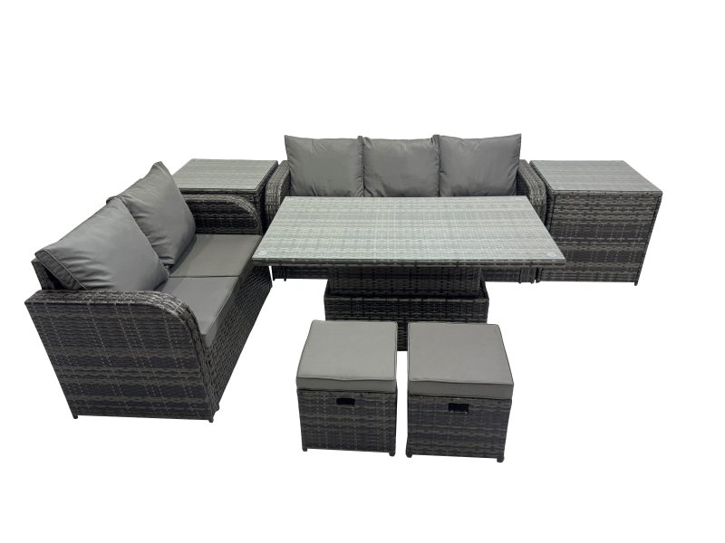 Fimous Rattan Garden Furniture Dining Set 7-seater Patio Height Adjustable Rising Lifting Table Sofa Set with 2 Small Footstools Dark Grey Mixed