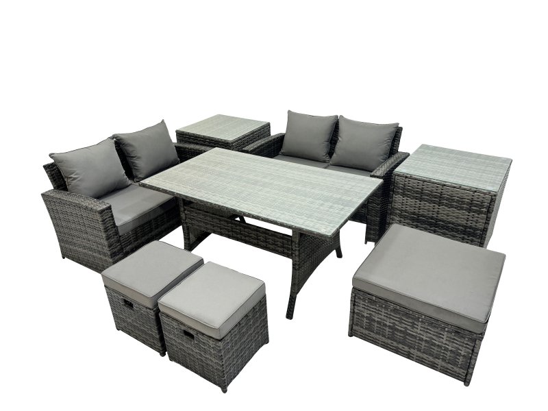 Fimous 7 Seater Wicker PE Rattan Furniture Outdoor Dining Table Double Seat Sofa 2 Side Table 3 Stool Set Dark Grey Mixed