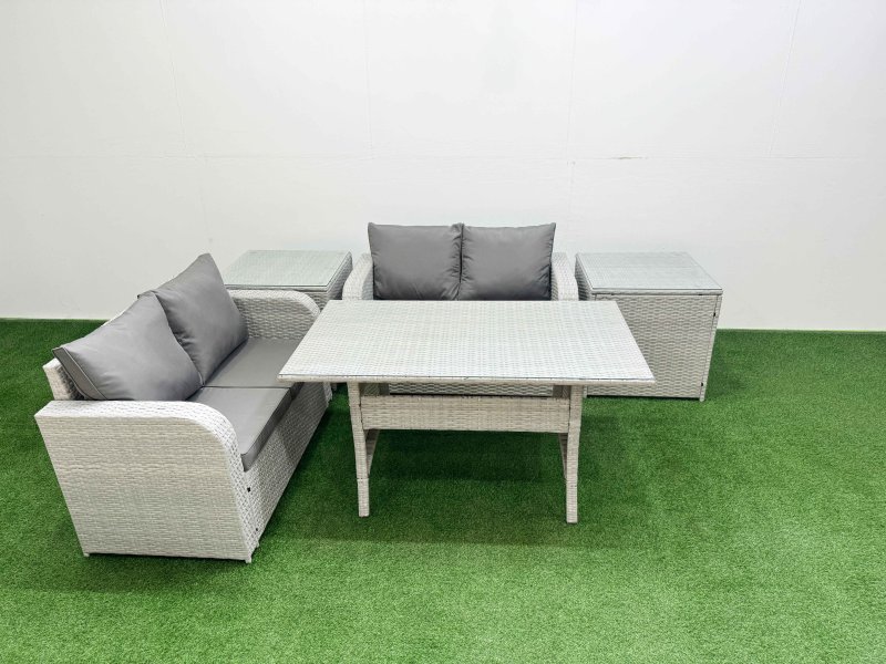 Fimous 4 Seater Outdoor Love Sofa Set Rattan Garden Furniture Set with Rectangular Dining Table 2 Side Tables Light Grey
