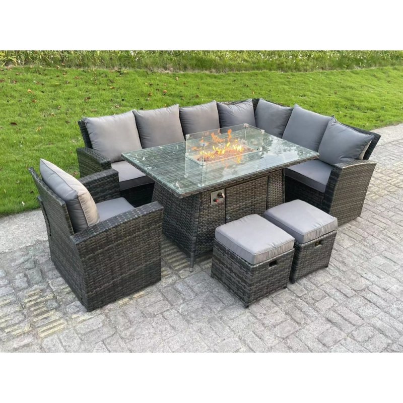 Fimous High Back Rattan Garden Furniture Sets Gas Fire Pit Dining Table Gas Heater Set Right Corner Sofa Small Footstools Chair 9 Seater