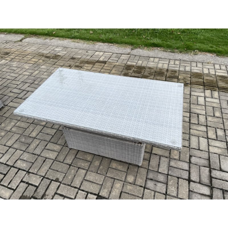 Fimous Outdoor Rattan Garden Funiture Set Height Adjustable Rising Lifting Table Sofa Dining Set with 2 Small Footstools