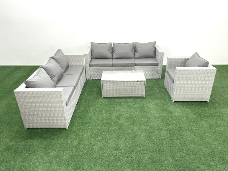 Fimous Wicker PE Rattan Sofa Garden Furniture Set with Armchair Oblong Coffee Table Light Grey Mixed