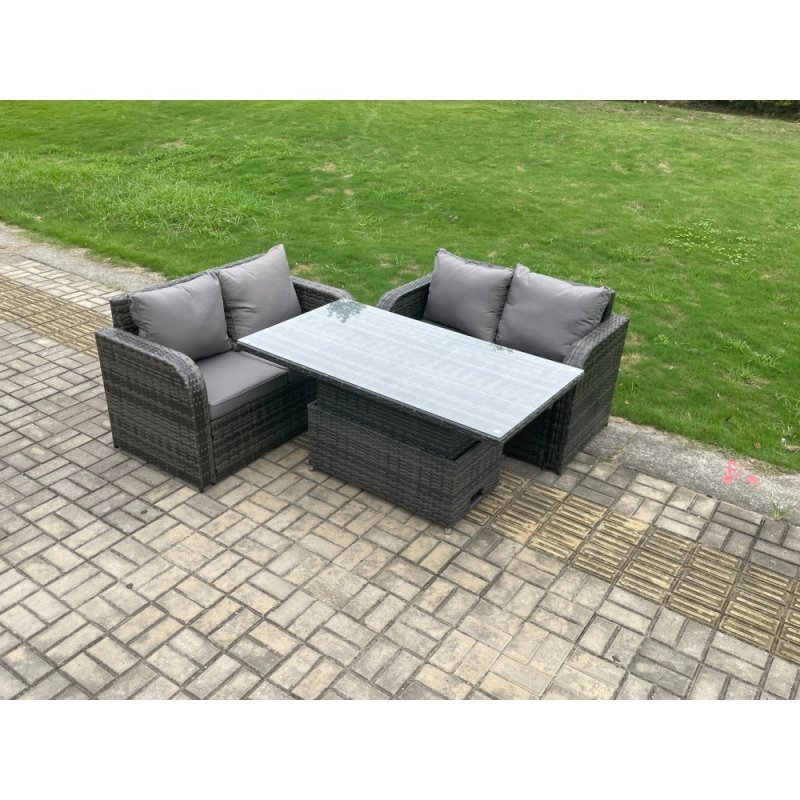 Fimous Outdoor Rattan Furniture Garden Dining Set Height Adjustable Rising lifting Table With Love Sofa Dark Grey Mixed