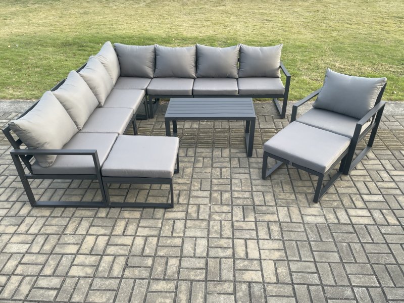 Fimous Aluminium Outdoor Garden Furniture Set Lounge Corner Sofa Chair Oblong Coffee Table Sets with 2 Big Footstools Dark Grey