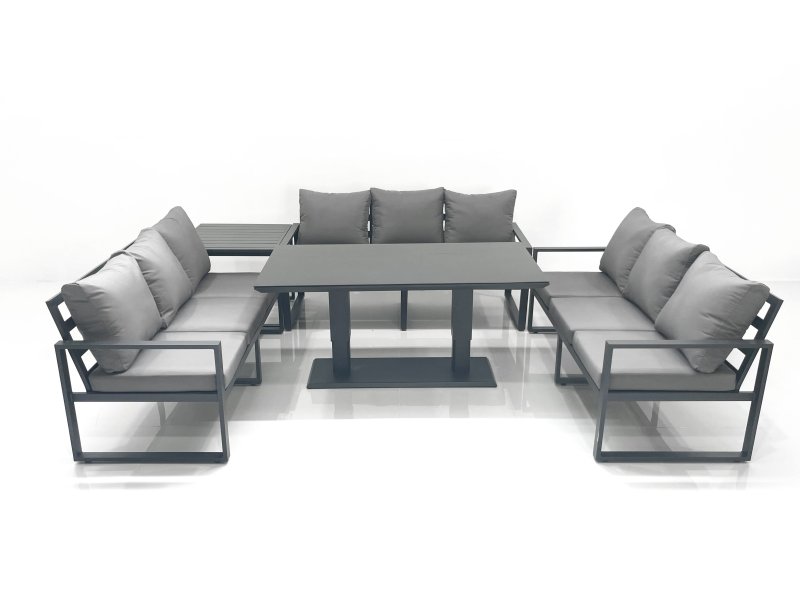 Fimous 9 Seater Garden Sofa Set Aluminium Furniture Rising Dining Tabe Set with Side Table Dark Grey