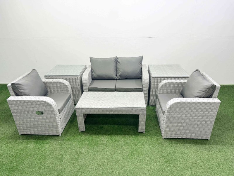 Fimous Light Grey PE Wicker Rattan Garden Furniture Set Sofa Set Reclining Adjustable Chair Oblong Coffee Table 4 Seater With 2 Side Table