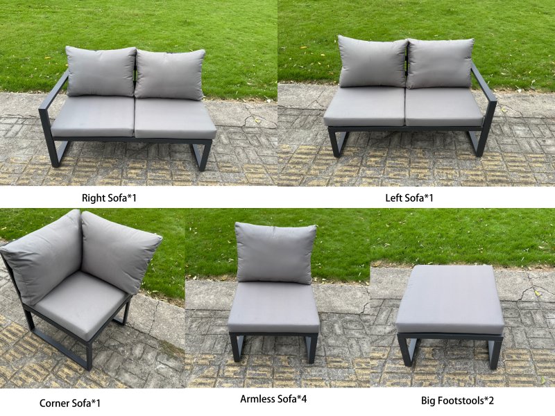 Fimous 9 Pieces Aluminium Garden Furniture Set with Cushions, Patio Furniture Set with Adjustable Rising Lifting Dining Table Big Footstool Dark Grey