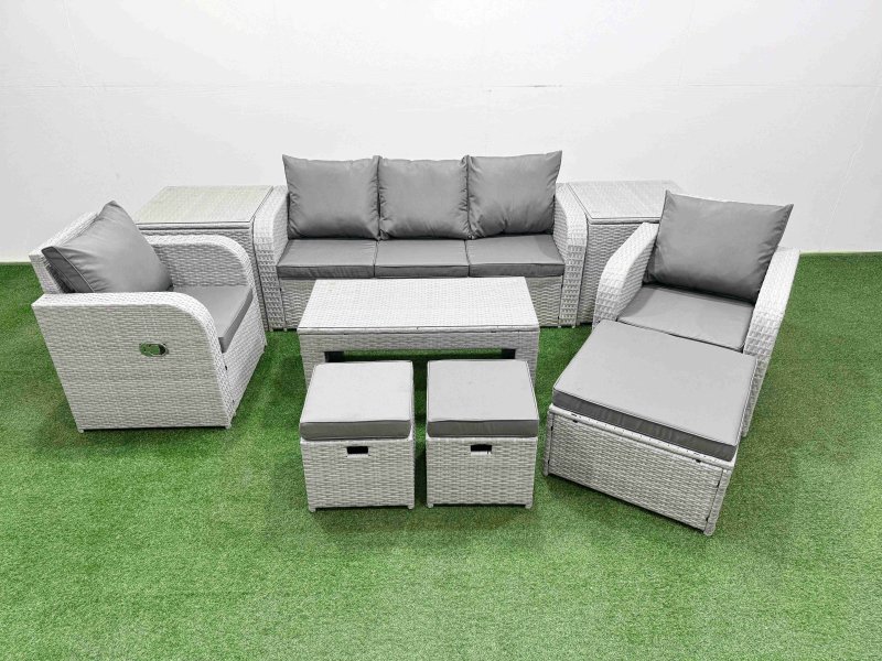 Fimous PE Rattan Garden Furniture Set Reclining Chair Sofa Lounge Sofa Set Rectangular Coffee Table 2 Side Table 3 Stools Light Grey