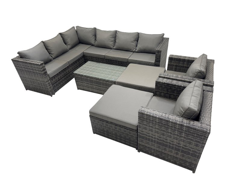 Fimous Outdoor Rattan Rectangular Coffee Table Corner Sofa Sets Garden Furniture Set with 2 Chairs 2 Big Stools Dark Grey Mixed