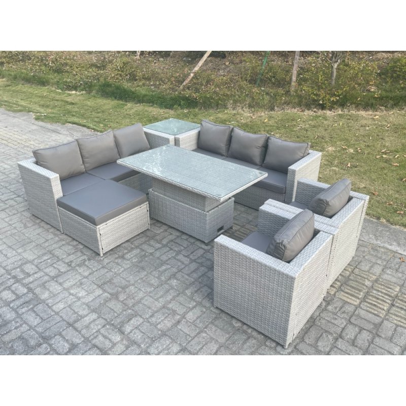 Fimous Rattan Garden Funiture Set Adjustable Rising Lifting Table Sofa Dining Set Lounge Chair Side Table Footstool