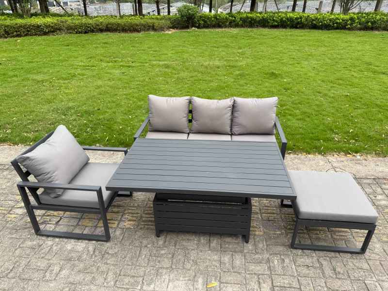 Fimous Aluminium Garden Furniture Set 5 Piece Aluminium Lounge Seating Adjustable Rising Lifting Dining Table Set with Cushions 2 Side Tables Dark Grey