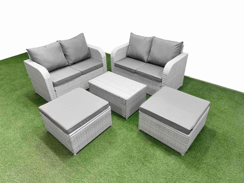Fimous 6 Seater Outdoor Love Sofa Set Rattan Garden Furniture Set with Rectangular Coffee Table 2 Footstool Light Grey