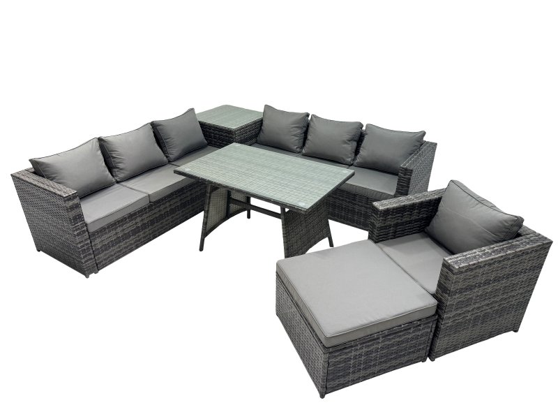 Fimous Outdoor Corner Sofa Chair Dining Table Set Garden Rattan Furniture Set 8 Seater with Side Table Big Stool Dark Grey