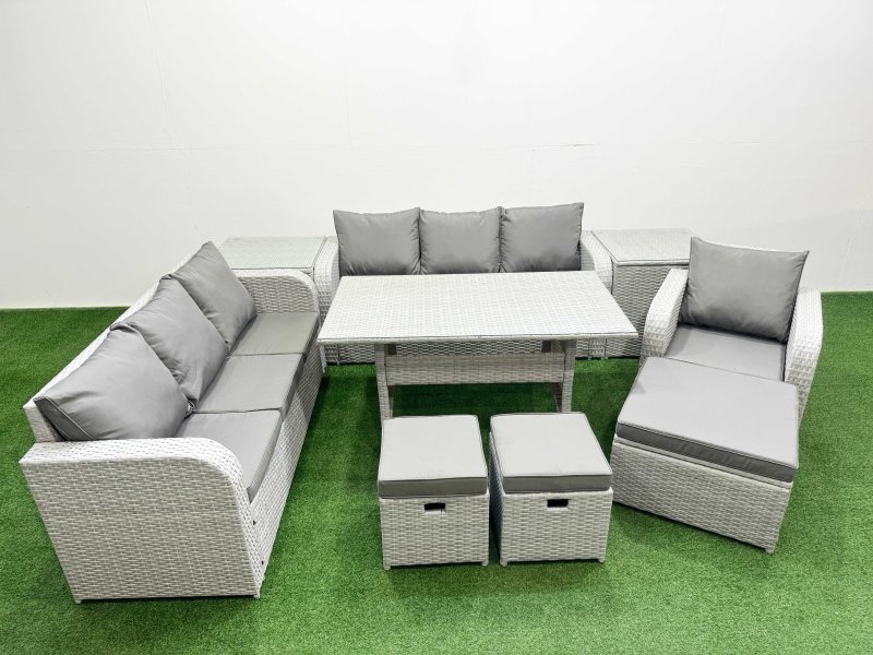 Fimous 10 Seater Poly Rattan Outdoor Garden Furniture Rectangular Dining Table Sofa Set Patio 3 Seater Sofa Reclining Chair 3 Seater Sofa 3 Stools 2 Side Table Light Grey