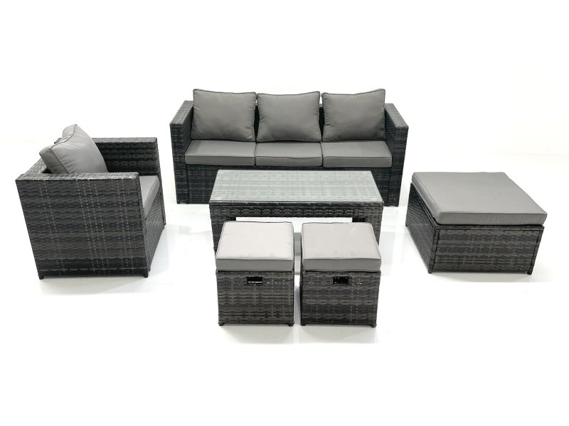 Fimous Rattan Garden Furniture Set Outdoor Lounger Sofa with Coffee Table Armchair 3 Footstools Dark Grey Mixed