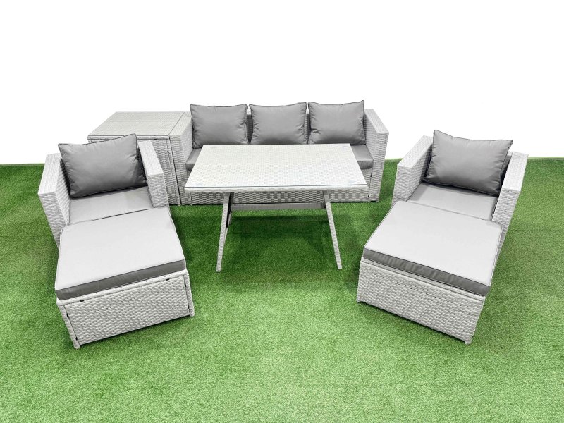 Fimous 8 Pieces Outdoor PE Rattan Sofa Armchair Set Patio Garden Furniture Sets with Cushions Side Table 2 Big Stools Light Grey
