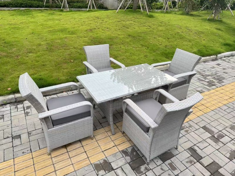 Fimous Light Grey Rattan Outdoor Garden furniture Set Rectangular Table and 4 Chairs Set with Seat Cushion