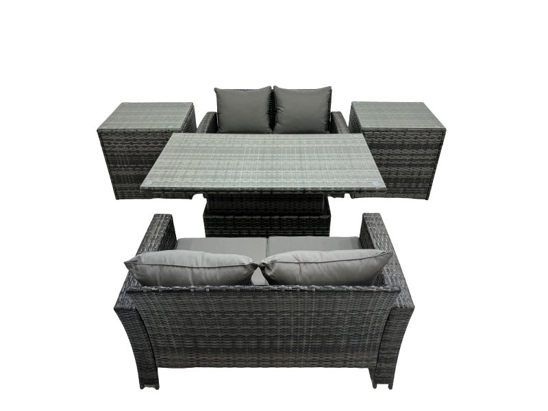 Fimous Outdoor Love Sofa Set 4 Seat Rattan Garden Furniture Set with Adjustable Lifting Dining or Coffee Table Dark Grey Mixed
