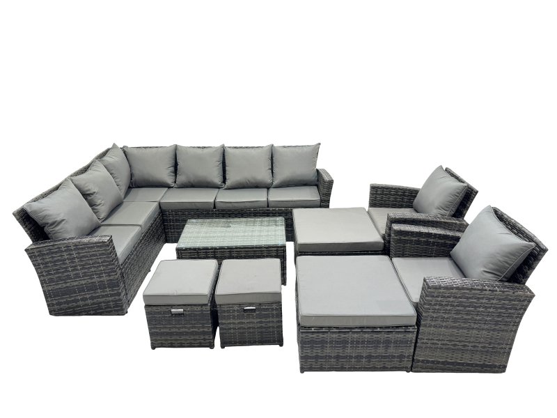 Fimous 12 Seat Rattan High Back Corner Sofa Set Patio Coffee Table Sets with 4 Stools 2 Chairs Dark Grey Mixed