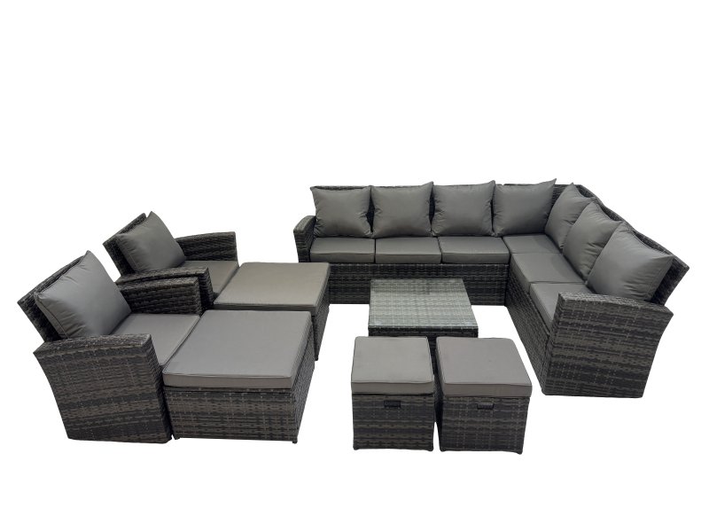 Fimous Rattan Garden Outdoor Furniture Set 12 Seater Garden Sofa Coffee Table Set with 2 Chairs 4 Footstools Dark Grey Mixed