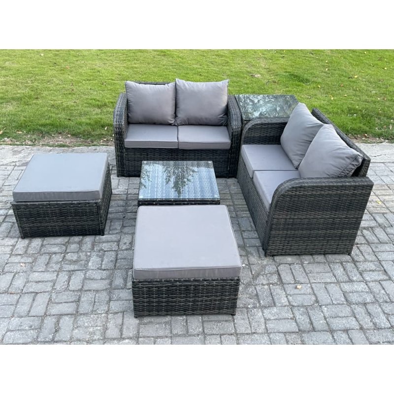 Fimous 6 Seater High Back Rattan Garden Furniture Set with Square Coffee Table 2 Big Footstool Love Sofa Indoor Outdoor Patio Lounge Sofa Set Dark Grey Mixed