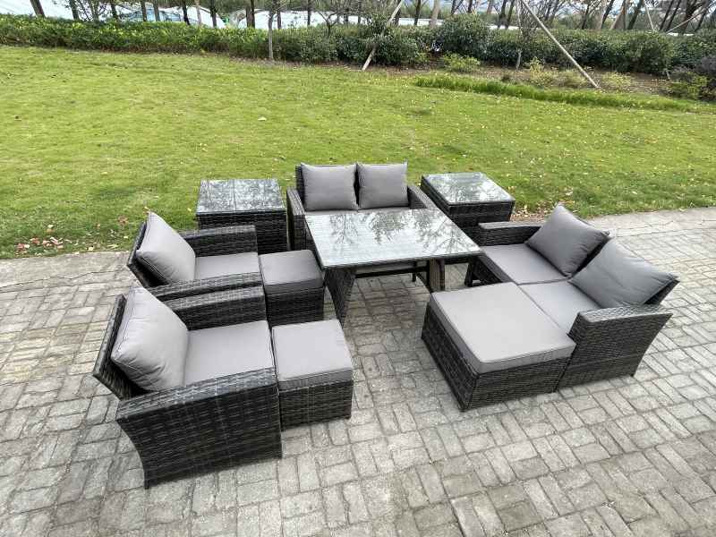 Fimous Garden Furniture Sets 10 Pieces Wicker Rattan Furniture Manual Wicker Patio Sofa Patio Conversation Set with 3 Footstools 2 Side Tables Dark Grey Mixed