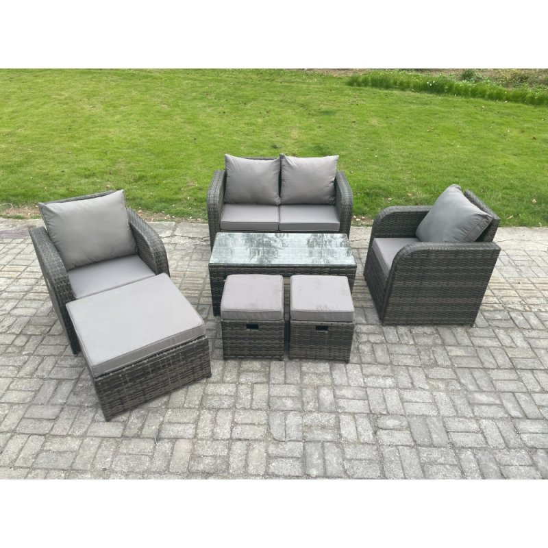 Fimous 7 Seater Rattan Lounge Sofa Set Outdoor Garden Furniture Set with Rectangular Coffee Table Love Sofa 3 Footstools Dark Grey Mixed