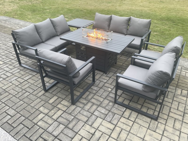 Fimous Aluminium Garden Furniture Outdoor Set Patio Lounge Sofa Gas Fire Pit Dining Table Set with 3 Armchair Side Table Dark Grey