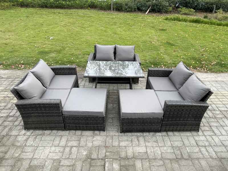 Fimous 8 Seater Garden Dining Set Wicker PE Rattan Outdoor Furniture Sofa with Rectangular Dining Table Double Seat Sofa 2 Big Footstool Dark Grey Mixed