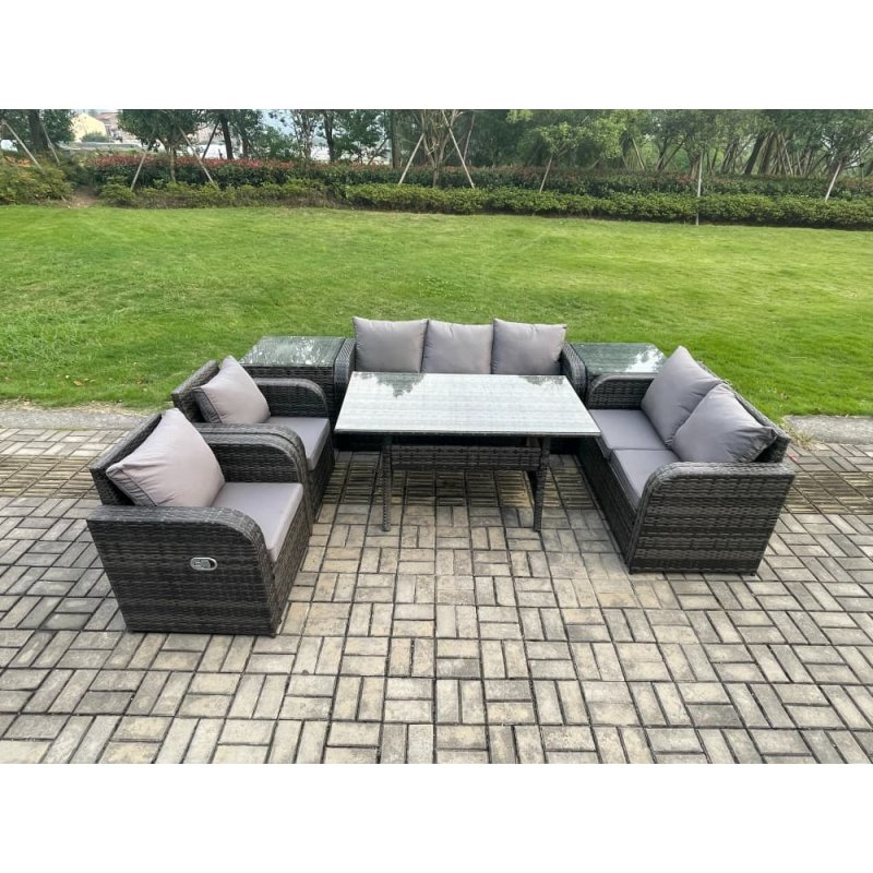 Fimous Dark Grey PE Wicker Rattan Garden Furniture Set Reclining Chair Love Sofa 2 Seater Sofa Set Outdoor Rectangular Dining Table 2 Side Tables 7 Seater