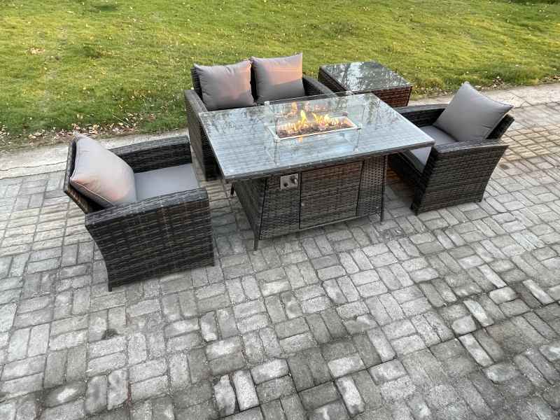 Fimous 4 Seater?Outdoor Rattan Sofa Set Garden Furniture Gas Firepit Dining Table Heater with Side Table Dark Grey Mixed