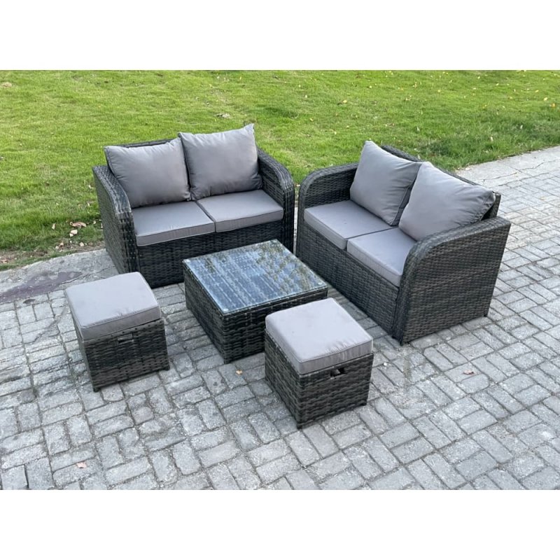 Fimous Rattan Sofa Set Outdoor Garden Furniture Set with Square Coffee Table Loveseat Sofa 2 Small Footstool Dark Grey Mixed