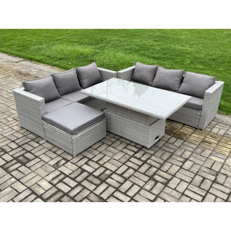 Fimous Outdoor Rattan Garden Funiture Set Height Adjustable Rising Lifting Table Sofa Dining Set with Big Footstool