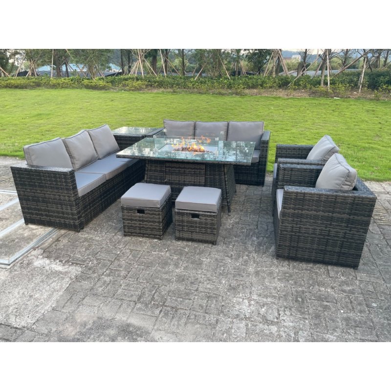 Fimous 10 Seater Outdoor Rattan Garden Furniture Gas Fire Pit Table Dining Set Gas Heater Lounge Chairs Small Footstools Dark Grey