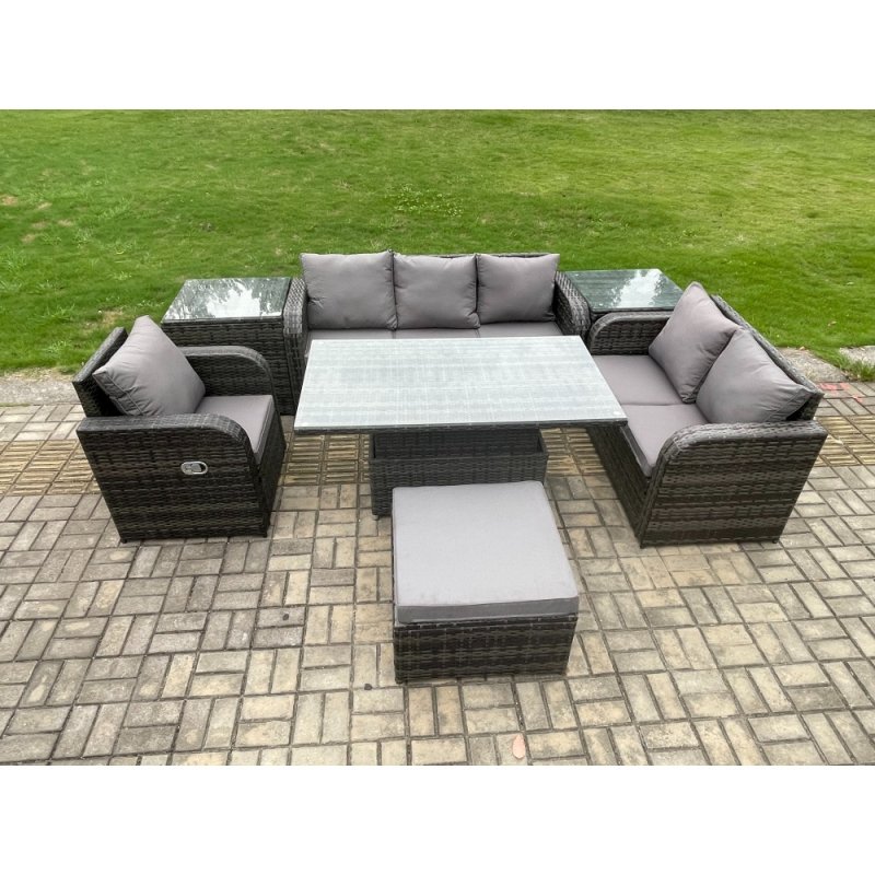 Fimous Outdoor Rattan Furniture Garden Dining Set Patio Height Adjustable Rising lifting Table Reclining Chair Sofa With 2 Side Tables Big Footstool Dark Grey Mixed