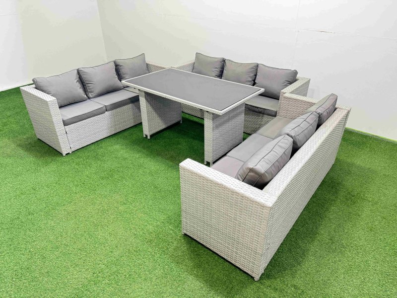 Fimous Patio Outdoor Garden Furniture Sets with Black Glass Top Dining Table 3 Seater Sofa 2 Side Tables Light Grey