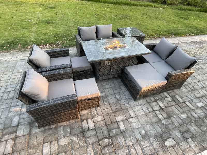 Fimous Outdoor Garden Furniture Sets 9 Pieces Wicker Rattan Furniture Gas Firepit Dining Table Sofa Set with 3 Footstools Side Table Dark Grey Mixed