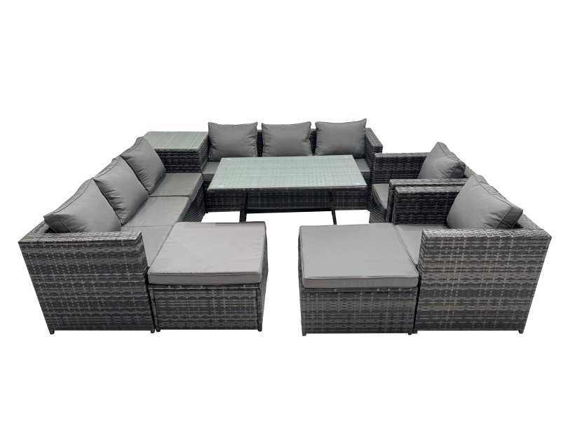 Fimous Outdoor Corner Sofa Chair Dining Table Set Garden Rattan Furniture Set 10 Seater with 2 Big Stools Dark Grey