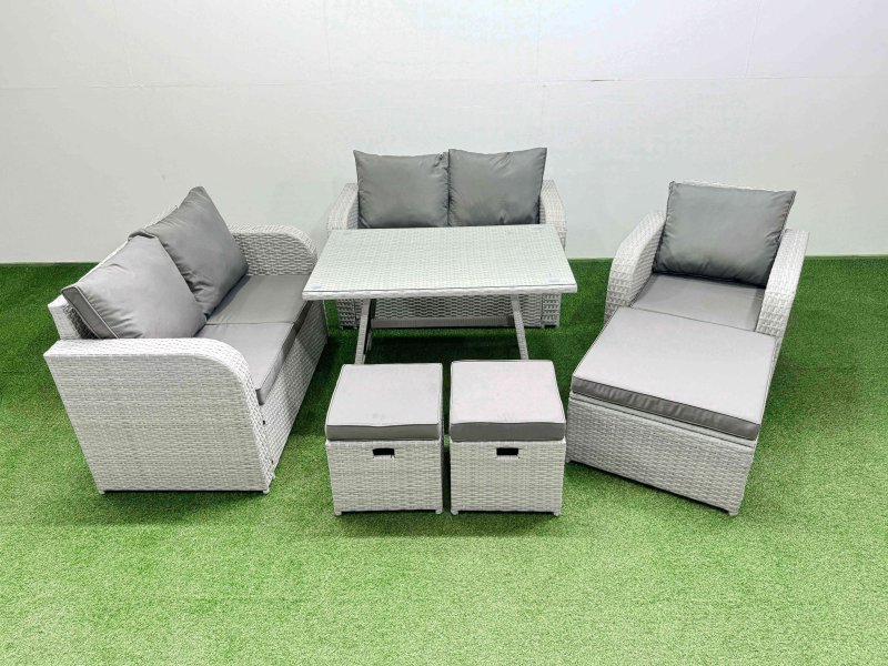 Fimous 8 Seater Outdoor Rattan Garden Furniture Set Love Sofa Reclining Chair Set with Rectangular Dining Table 3 Footstools Light Grey