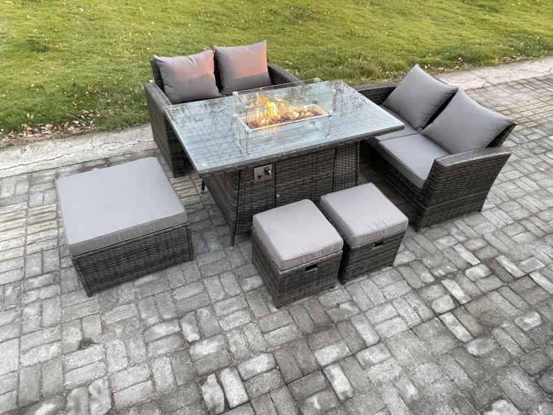 Fimous 7 Seater Rattan Garden Furniture Set Outdoor Lounge Sofa Chair Gas Fire Pit Dining Table Set With 3 Footstools Double Seat Sofa