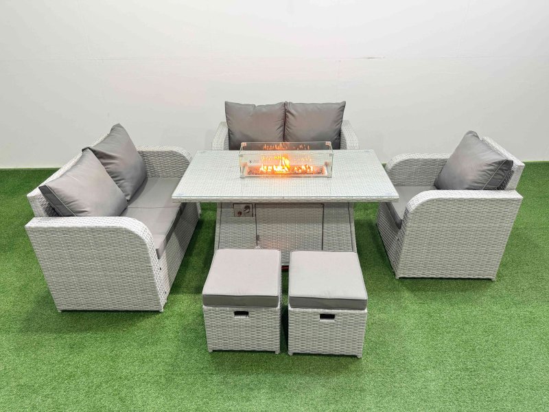 Fimous High Back Poly Rattan Garden Furniture Set with Reclining Chair Loveseat Sofa Firepit Dining Table Indoor Outdoor Patio Set 2 Stool Light Grey