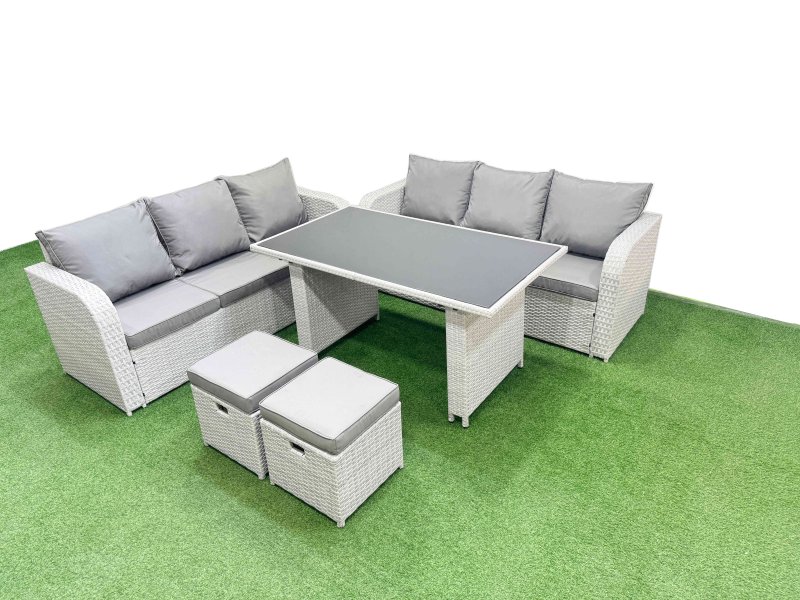Fimous 8 Seater Rattan Outdoor Dining Table 3 Seater Sofa Set with 2 Small Stools Light Grey