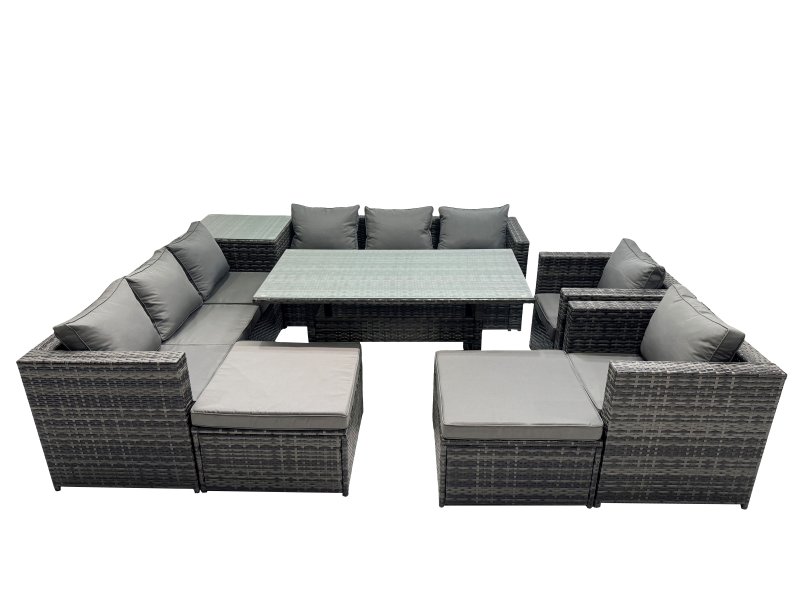 Fimous Outdoor Corner Sofa Chair Dining Table Set Garden Rattan Furniture Set 10 Seater with Side Table 2 Big Stools Dark Grey