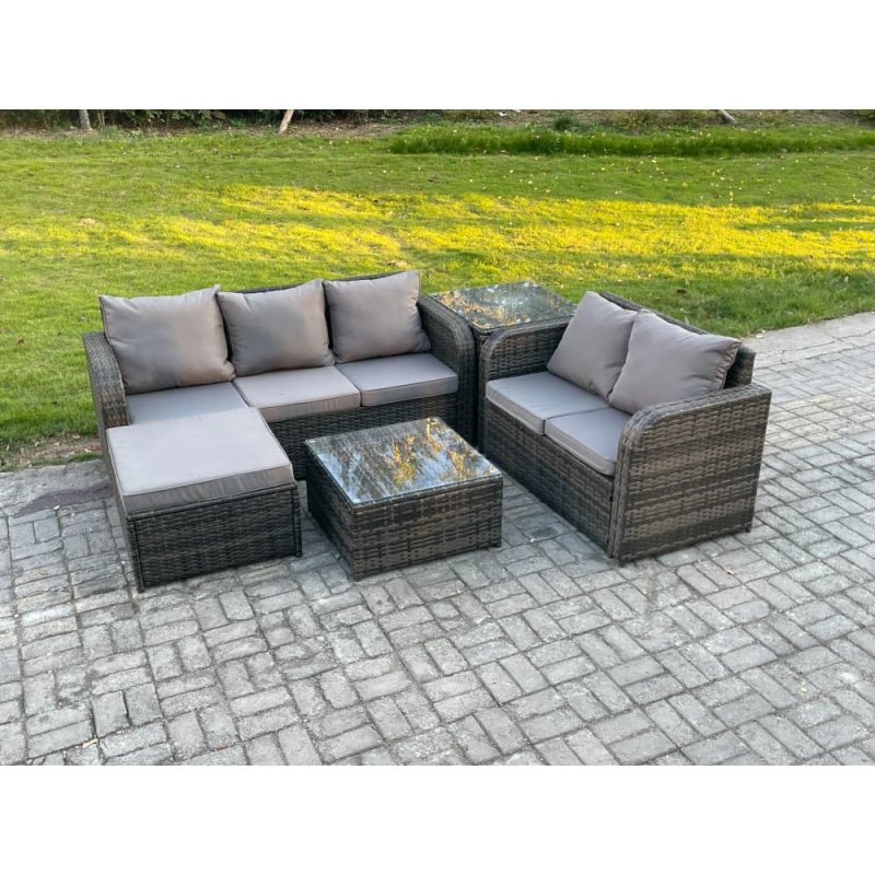 Fimous PE Rattan Garden Furniture Sets 6 Seater Outdoor Lounge Sofa Set Square Coffee Table Big Footstool Side Table
