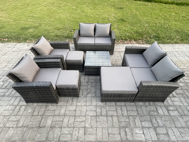 Fimous Outdoor Garden Furniture Sets 8 Pieces Wicker Rattan Furniture Manual Wicker Patio Sofa Patio Conversation Set with 3 Footstools Dark Grey Mixed